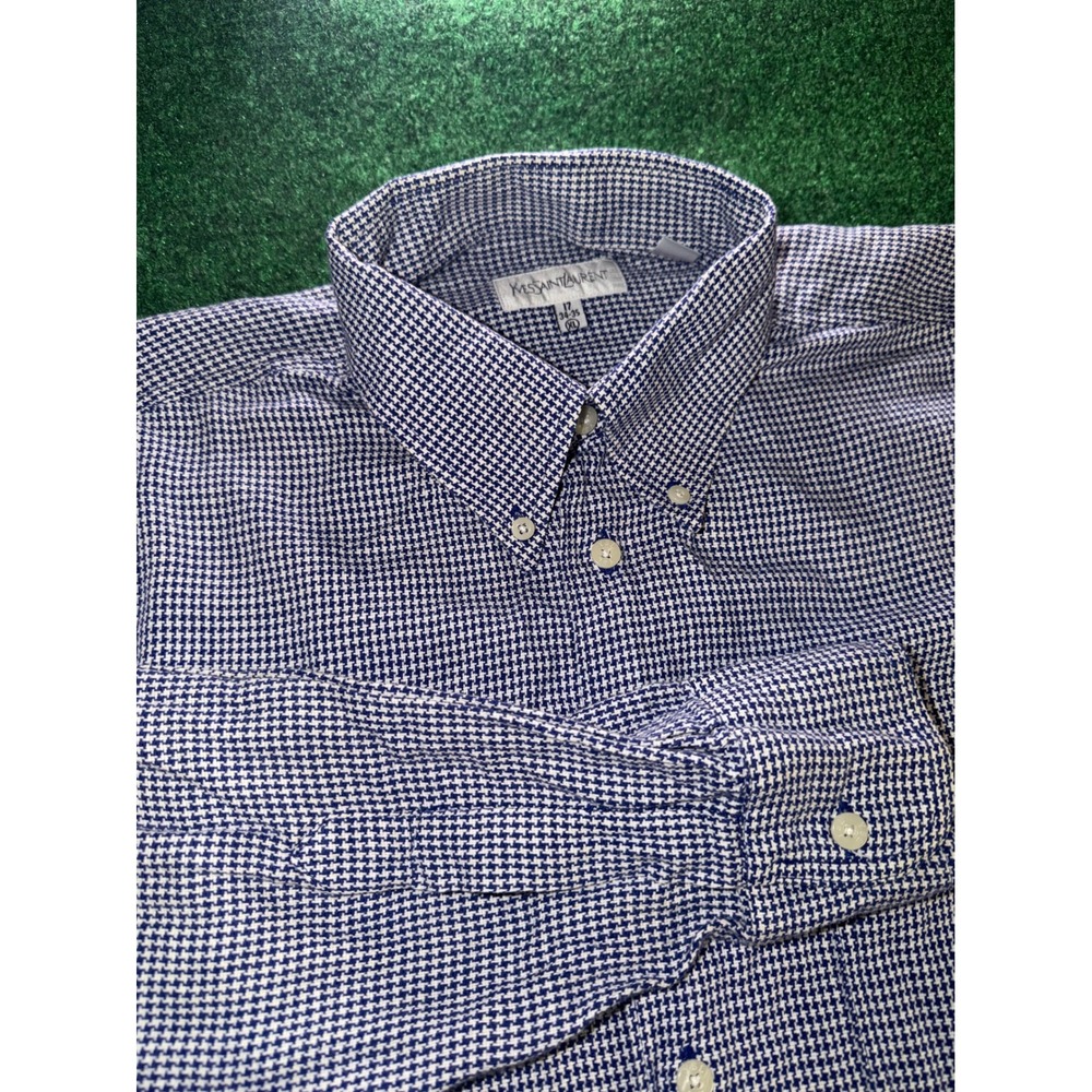 Yves Saint Laurent Mens Blue Houndstooth Button Down Shirt XL 17 34-35